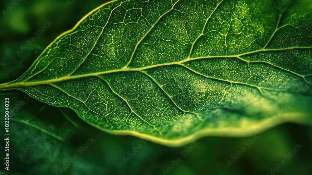 Fototapeta premium Close-up of bright green leaf texture with detailed veins in natural light