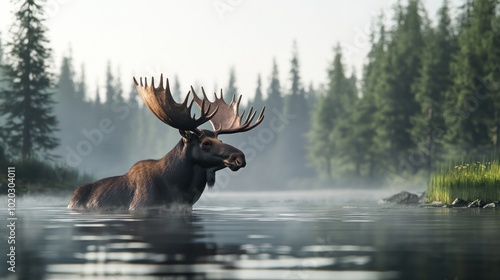 Moose in Misty Lake