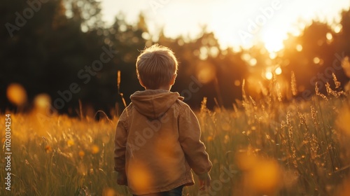 A young boy with blond hair walks through a sun-drenched field, encircled by glowing golden flora, representing exploration and freedom. photo