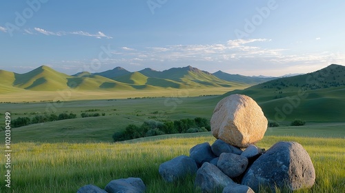 A serene image of an open landscape featuring rolling hills and natural textures like grass and rocks, captured with stunning clarity and depth. This picturesque scene provides an ideal backdrop for photo