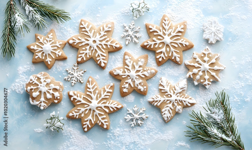 Delicately shaped gingerbread cookies in the form of snowflakes and stars, Generative AI Delicately shaped gingerbread cookies in the form of snowflakes and stars, Generative AI