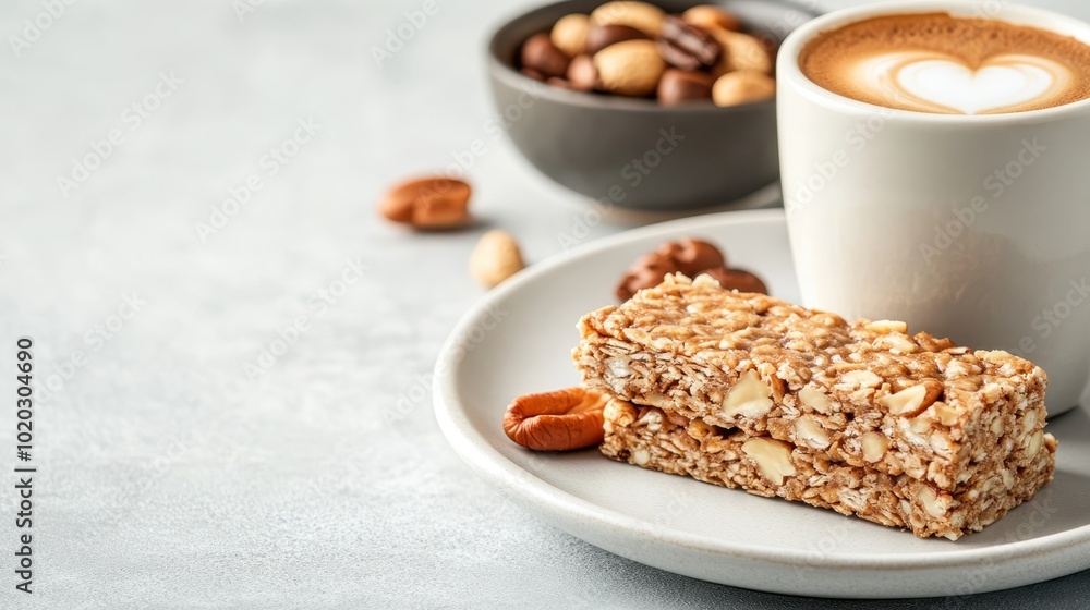A delicious granola bar sits on a white plate beside a coffee cup, with a bowl of mixed nuts in the background, creating a cozy breakfast setting. A delicious granola bar sits on a white plate beside a coffee cup, with a bowl of mixed nuts in the background, creating a cozy breakfast setting.