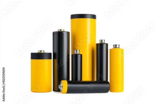 Set of yellow AA and 9V batteries, isolated on white background, high-resolution and vibrant colors, perfect for energy product ads or electronics branding photo