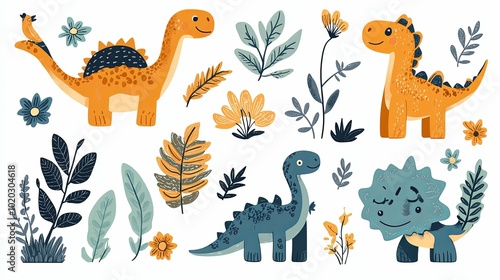 Colorful Cartoon Dinosaurs and Floral Elements on a White Background