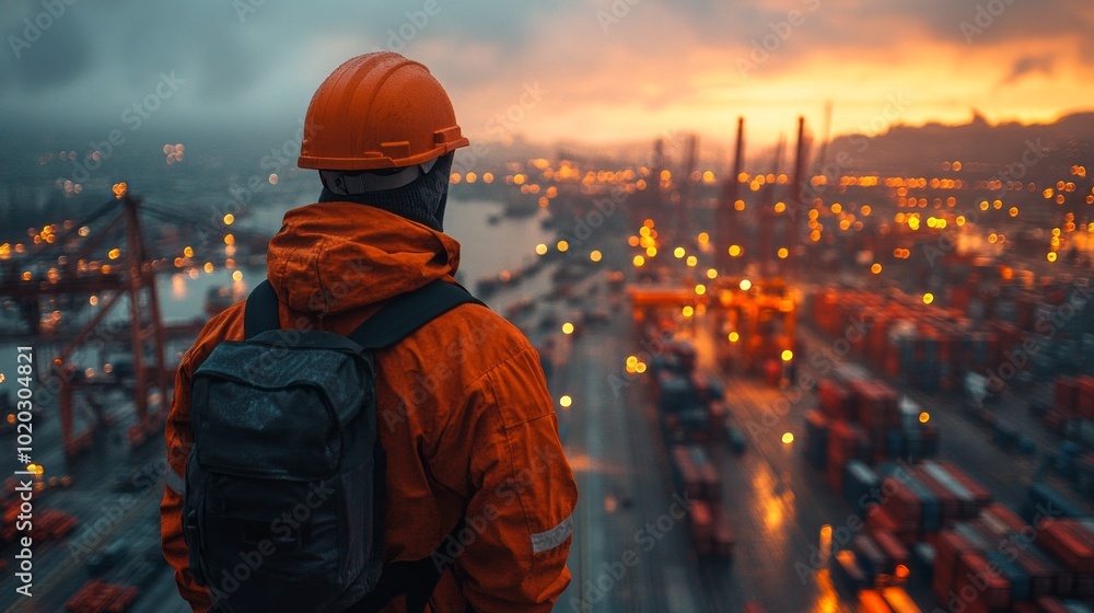 A man in an orange jacket and a backpack is looking out over a city A man in an orange jacket and a backpack is looking out over a city