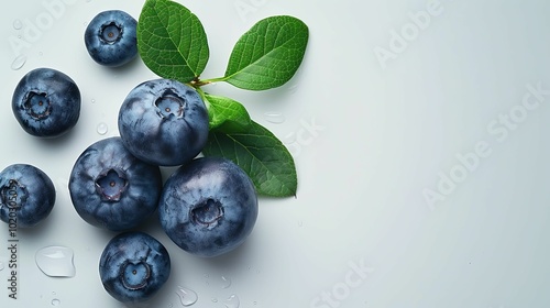 Fresh Blueberries with Green Leaves and Water Droplets