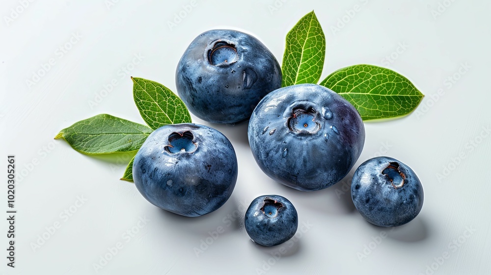Close-up of Blueberries and Green Leaves on White Background Close-up of Blueberries and Green Leaves on White Background
