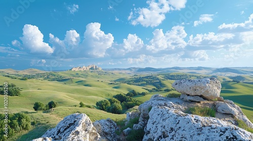 A serene image of an open landscape featuring rolling hills and natural textures like grass and rocks, captured with stunning clarity and depth. This picturesque scene provides an ideal backdrop for photo