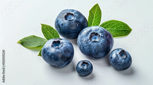 Close-up of Blueberries and Green Leaves on White Background photo