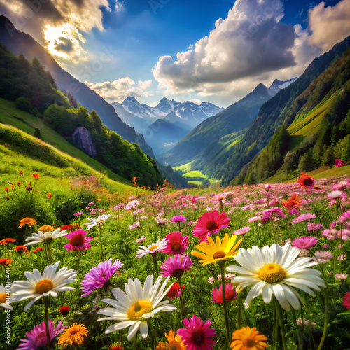 meadow with flowers. mountain, landscape, mountains, nature, sky, alps, summer, flowers, clouds, flower, travel, meadow, alpine, green, snow, peak, grass, forest, view, spring, rock, panorama, valley,