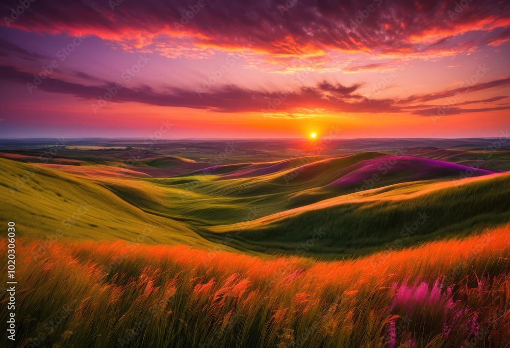 stunning sunset casting warm hues across expansive green fields creating tranquil captivating landscape, sky, horizon, clouds, color, light, evening