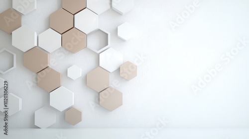 A complex geometric formation with layered hexagons in muted metallic tones, creating a textured backdrop that exudes sophistication. The arrangement allows for easy integration of text elements,