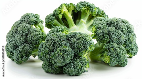 Three Fresh Green Broccoli Florets on White Background