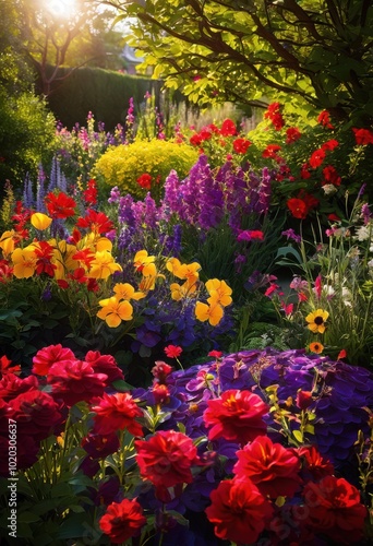 vibrant close colorful flower garden layout displaying rich array natural beauty, floral, bloom, petal, greenery, blossom, plant, botanical, purple