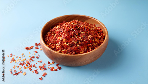 Red pepper flakes. Red chili peppers in wooden bowl on light blue background