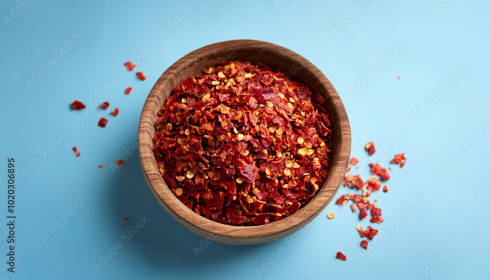Red pepper flakes. Red chili peppers in wooden bowl on light blue background Red pepper flakes. Red chili peppers in wooden bowl on light blue background