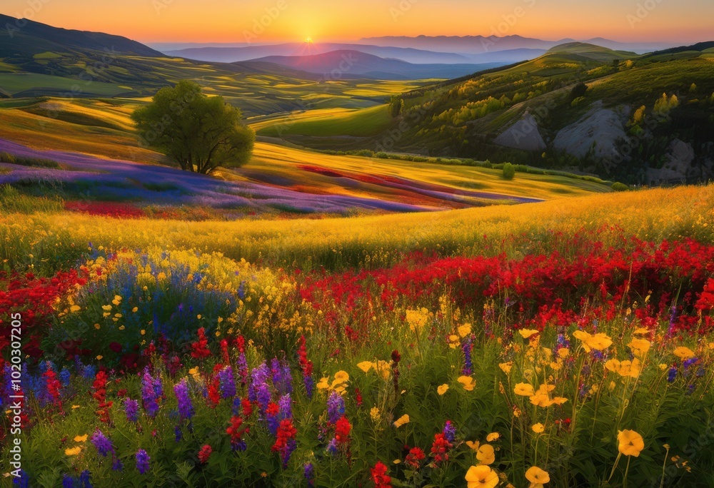 breathtaking panoramic view showcasing lush vibrant wildflower fields under clear blue skies early morning light, canvas, cheerful, color, colorful breathtaking panoramic view showcasing lush vibrant wildflower fields under clear blue skies early morning light, canvas, cheerful, color, colorful