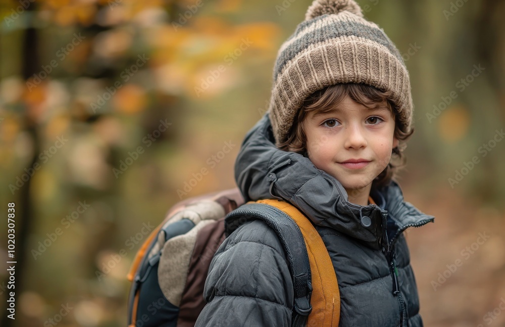 Smiling boy in a warm jacket and knitted hat outdoors in autumn Generative AI Smiling boy in a warm jacket and knitted hat outdoors in autumn Generative AI