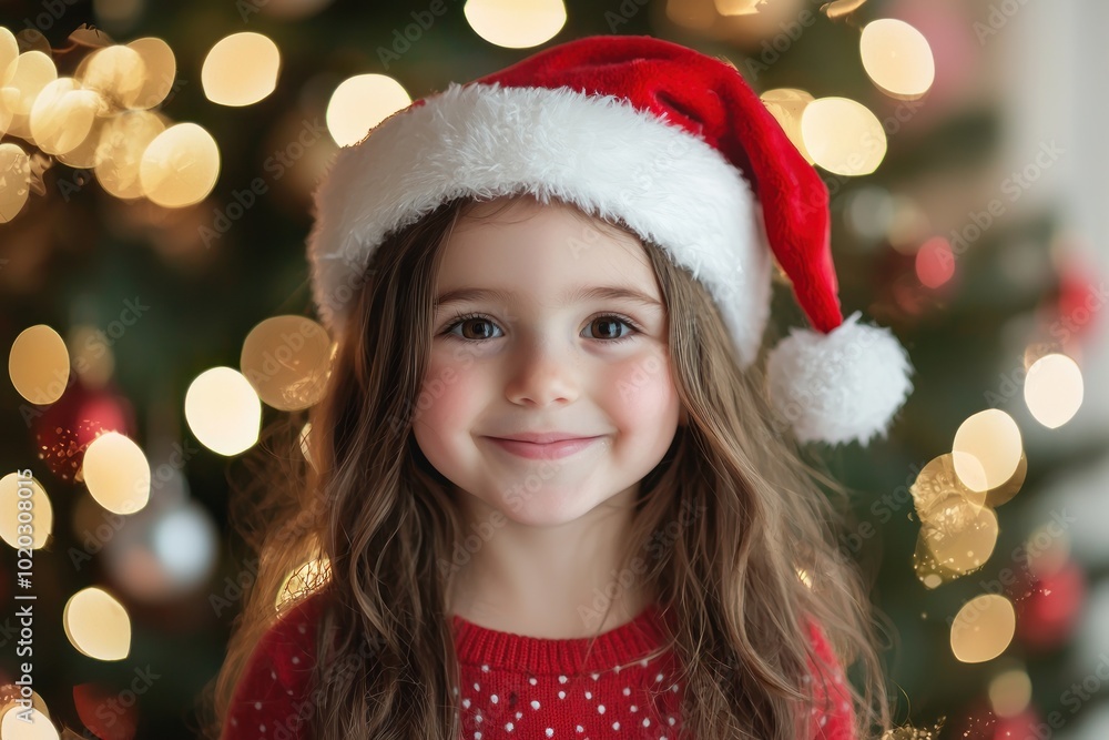 Child wearing Santa hat smiling in front of Christmas tree Generative AI Child wearing Santa hat smiling in front of Christmas tree Generative AI
