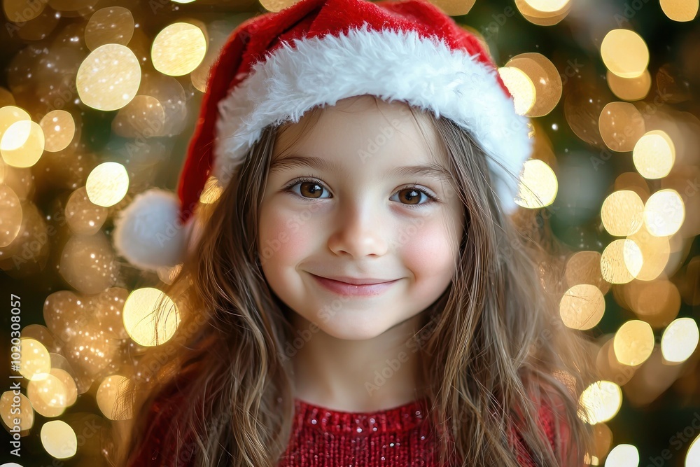 Child wearing Santa hat smiling in front of Christmas tree Generative AI Child wearing Santa hat smiling in front of Christmas tree Generative AI