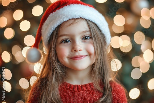 Child wearing Santa hat smiling in front of Christmas tree Generative AI