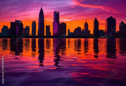 symmetrical skyscrapers reflecting vibrant sunset hues creating stunning geometric skyline above cityscape, architecture, buildings, reflections, dusk