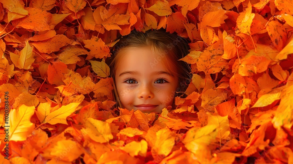 Little girl with brown eyes peeking out from a pile of autumn leaves Generative AI Little girl with brown eyes peeking out from a pile of autumn leaves Generative AI