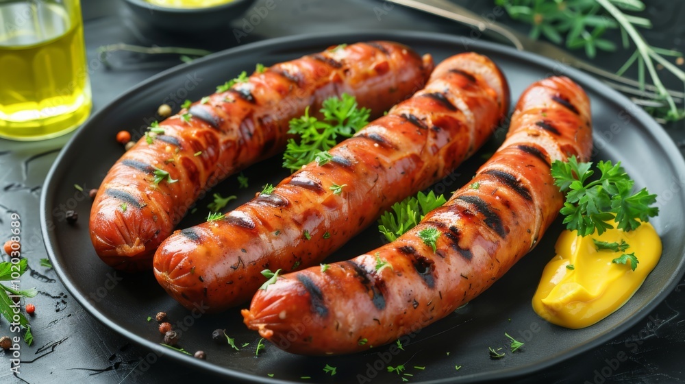 Grilled Sausages with Mustard - Delicious BBQ Food Grilled Sausages with Mustard - Delicious BBQ Food