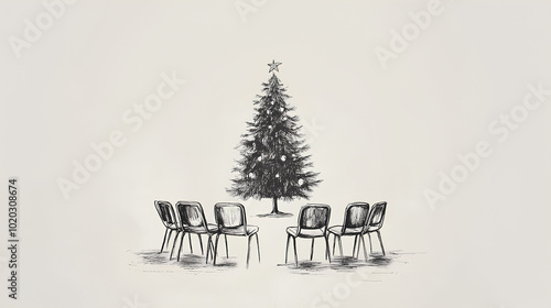 A hand-drawn illustration of a decorated Christmas tree with empty chairs arranged in a circle around it. photo