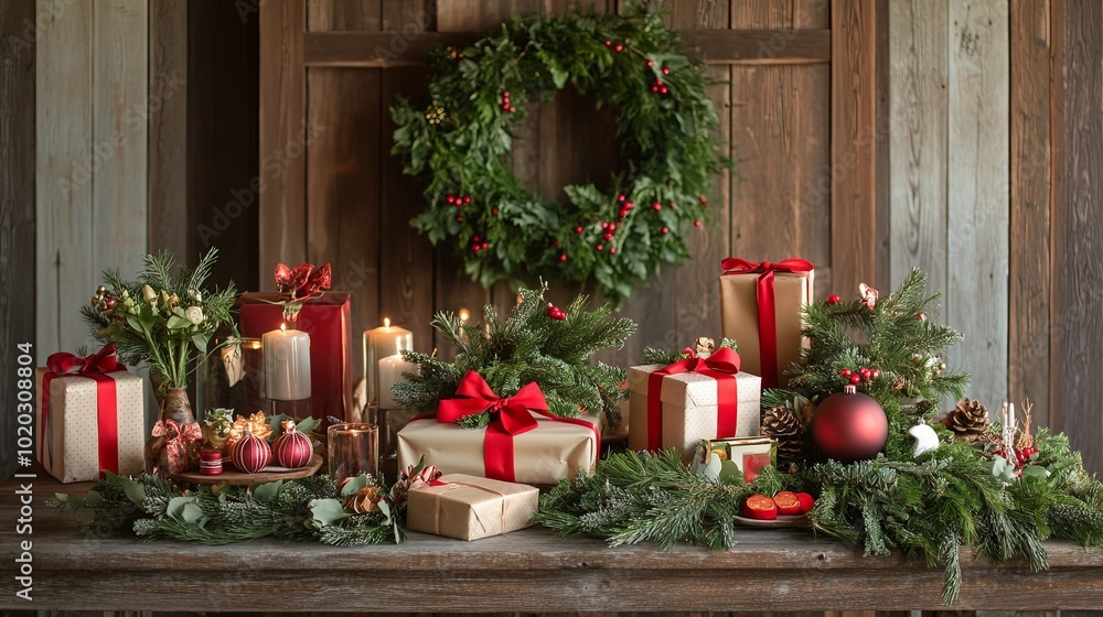A charming table set with beautifully wrapped presents, DIY holiday decorations A charming table set with beautifully wrapped presents, DIY holiday decorations