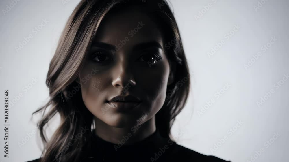 Moody portrait of a woman with intense stare in low light setting Moody portrait of a woman with intense stare in low light setting