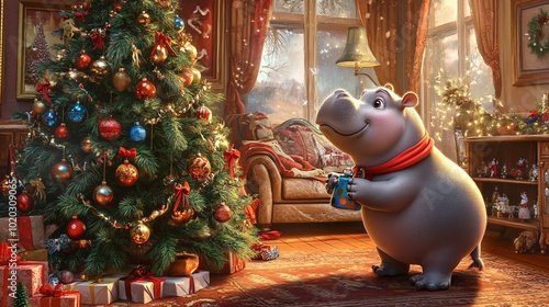 Whimsical Hippo Celebrating Christmas in Cozy Scene