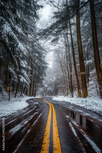 Snowy Road Through Winter Forest, Scenic Drive on a Foggy Day, Serene Winter Landscape