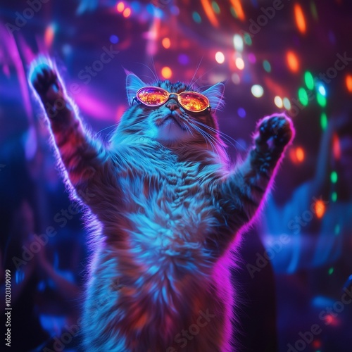 Vibrant Scene of a Cat Dancing Hard at a Rave Party