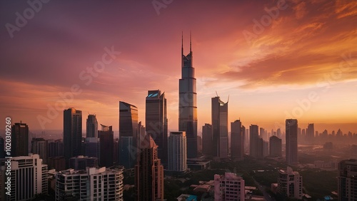 Serene Evening: A Breathtaking City Skyline Against a Pink and Orange Sky