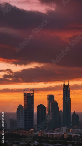 Serene Evening: A Breathtaking City Skyline Against a Pink and Orange Sky