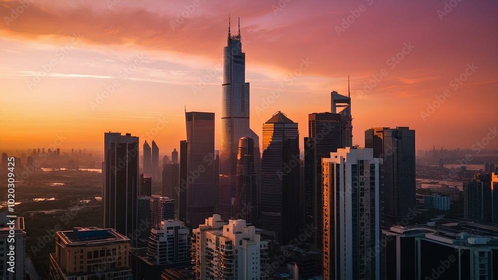 Fototapeta premium Serene Evening: A Breathtaking City Skyline Against a Pink and Orange Sky
