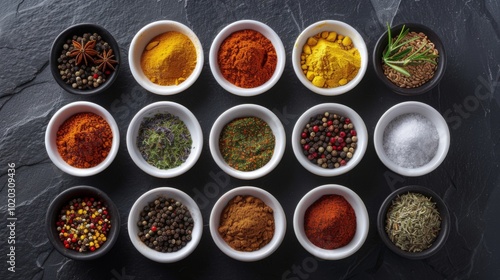 Fototapeta Naklejka Na Ścianę i Meble -  Aromatic Spices and Herbs in Bowls - Culinary Delights