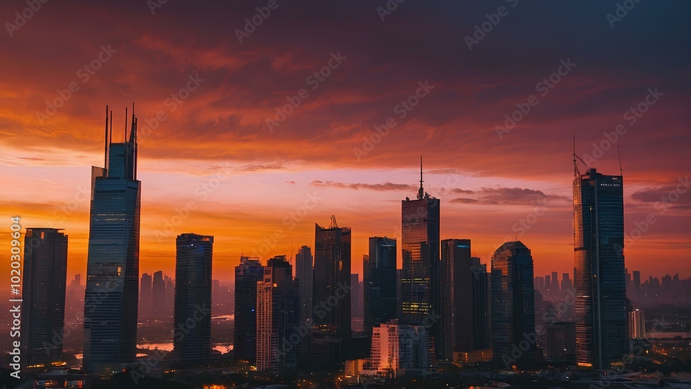 Serene Evening: A Breathtaking City Skyline Against a Pink and Orange Sky Serene Evening: A Breathtaking City Skyline Against a Pink and Orange Sky