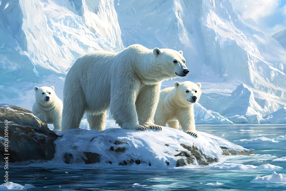 Three polar bears on a snowy landscape near icy waters, showcasing wildlife in a natural habitat. Three polar bears on a snowy landscape near icy waters, showcasing wildlife in a natural habitat.