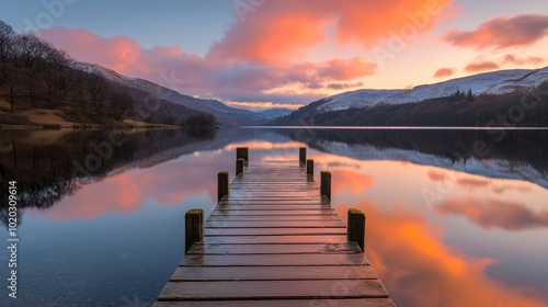 Sunset over a tranquil lake with a wooden pier extending into the distance, vibrant clouds reflecting on the water, perfect for serene landscape photography or travel promotions