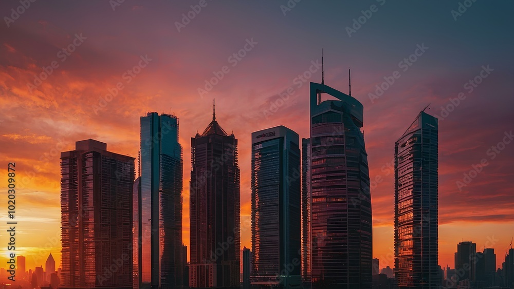 Serene Evening: A Breathtaking City Skyline Against a Pink and Orange Sky Serene Evening: A Breathtaking City Skyline Against a Pink and Orange Sky