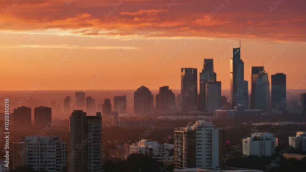 Fototapeta premium Serene Evening: A Breathtaking City Skyline Against a Pink and Orange Sky