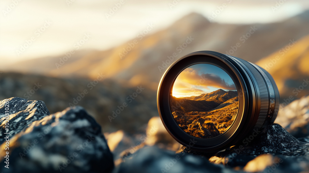 Photorealistic close-up of a camera lens capturing a stunning mountain landscape at sunset Photorealistic close-up of a camera lens capturing a stunning mountain landscape at sunset