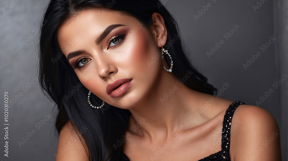 Close-up portrait showcasing a woman's soft makeup with earthy tones, delicate hoop earrings, and elegant attire. Close-up portrait showcasing a woman's soft makeup with earthy tones, delicate hoop earrings, and elegant attire.