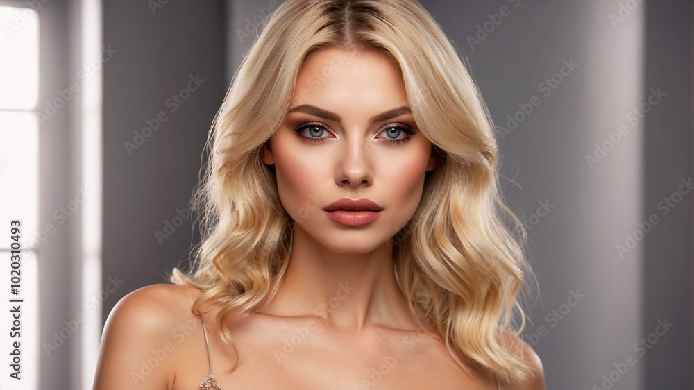Classic portrait of a blonde woman in soft lighting, highlighting her features and sophisticated presence. Classic portrait of a blonde woman in soft lighting, highlighting her features and sophisticated presence.