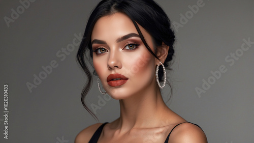 Stylish woman with statement earrings in a sleek hairstyle, exuding confidence against a neutral background.