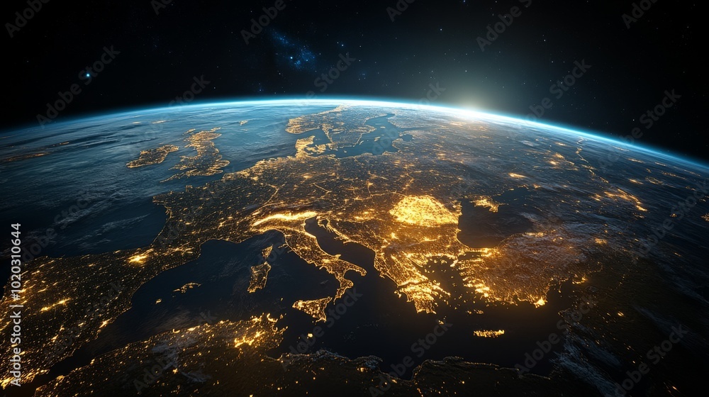 Obraz premium A Satellite View of Europe at Night, Illuminated by City Lights