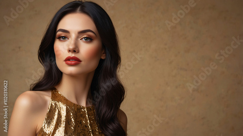 An elegant woman with long hair wears a gold dress, exuding confidence and glamour against a neutral background.