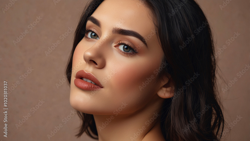 Portrait of a woman with a gentle gaze and natural makeup, reflecting grace, sophistication and warmth. Portrait of a woman with a gentle gaze and natural makeup, reflecting grace, sophistication and warmth.